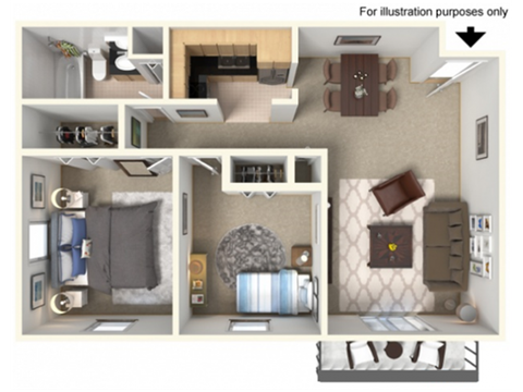 Floor plan for 2 beds, 1 bath, 810 sqft